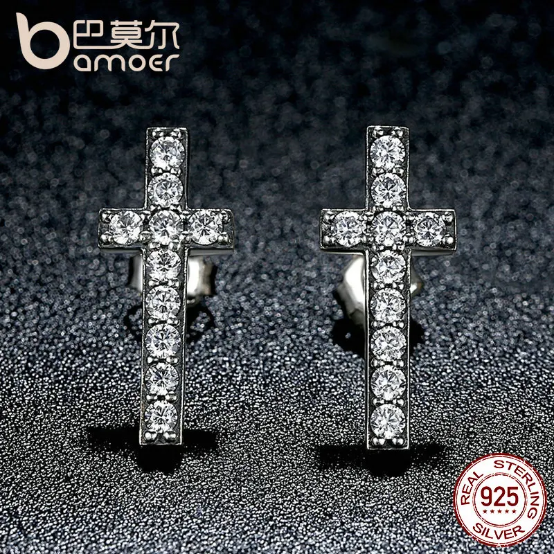BAMOER 925 пробы серебряные модные серьги-гвоздики с крестиком и AAA цирконием, серьги с застежкой для женщин, ювелирные изделия SCE036