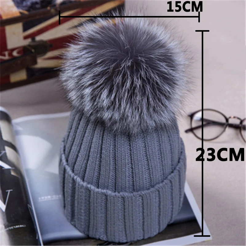 Женские шапки 15 см шапка из натурального Меха чернобурки шерстяная с помпоном