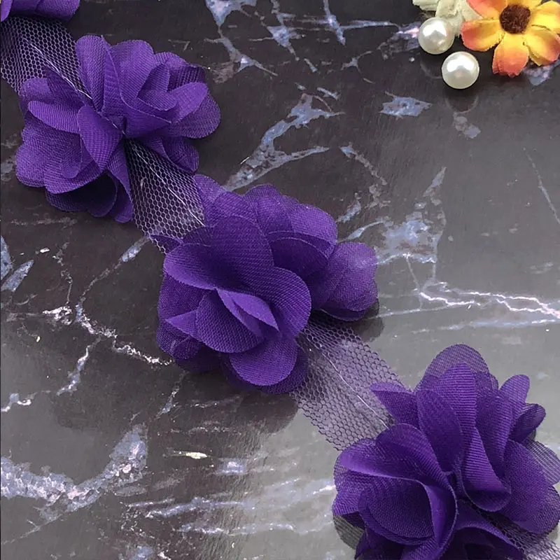 Black purple Кружево Цветы Ткань Высокое качество Лидер продаж платье украшения шифон Аппликация Популярные 3D отделка 10 ярдов/рулон швейные принадлежности - Цвет: Black purple