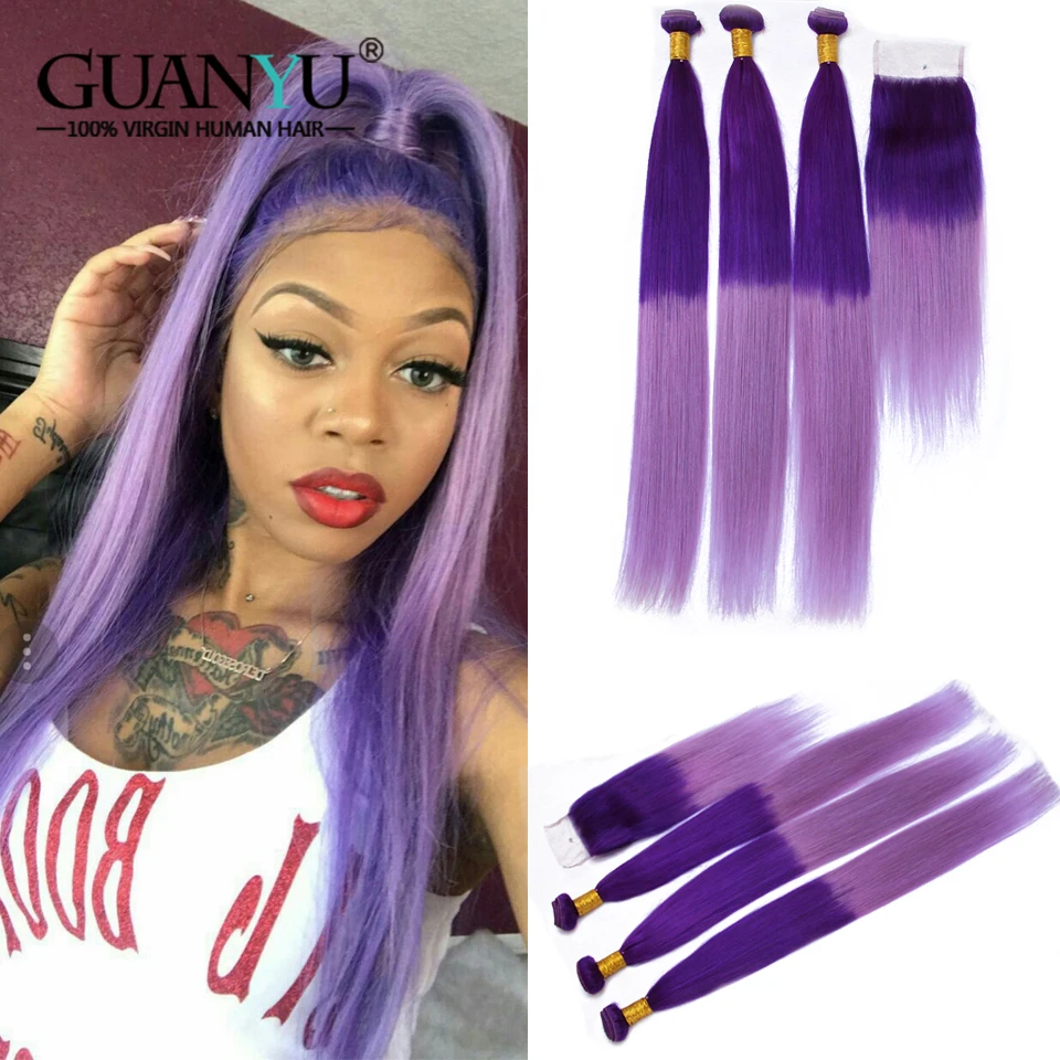 Guanyuhair светло-фиолетовый перуанский Ombre Hair 3 Связки с 4X4 кружева застежка фиолетовый цвет прямо Реми натуральные волосы ткет