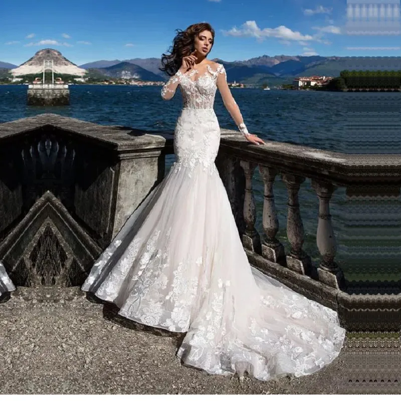 

Mermaid Wedding Dresses with Long Sleeves Beach Bridal Gown Princess Lace with Sweep Train Robe Mariage