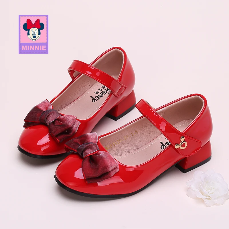 Disney Children's Leather Shoes for girls Minnie leather spring autumn comfortable breathable Bow Princess shoes Size 26-37 |
