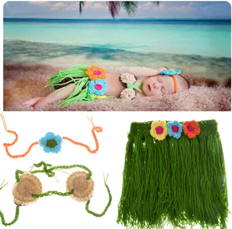 Cute! 1 Set Photo Photography Prop Hats Outfits Newborn Baby Crochet Knit Costume Hawaiian Hula Woven Clothes Gift | Детская одежда и
