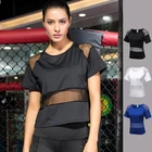 Для женщин Dry-Fit рубашки Эластичный Йога сетки Спортивная футболка тренировки тренажерный зал колготки тренажерный зал работает Топы короткий рукав футболки блузки Спортивная