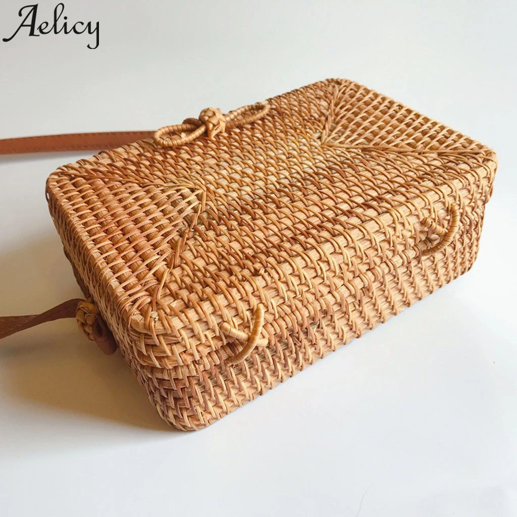 Aelicy/Модная женская круглая тканая БАЛИЙСКАЯ прямоугольная Ретро ротанговая Соломенная пляжная сумка через плечо, сумка-мессенджер