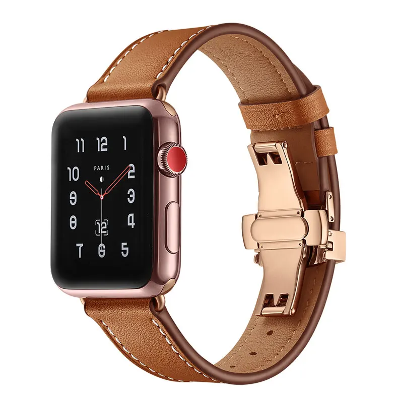 Ремешок из натуральной кожи для Apple Watch 3/2/1 42 мм 38 мм Iwatch Series 3 2 1 ремешок из нержавеющей стали бабочка Пряжка наручные часы