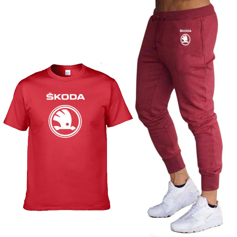 Модные летние мужские футболки с логотипом Skoda Car, Повседневная хлопковая футболка с коротким рукавом высокого качества, штаны, мужская одежда