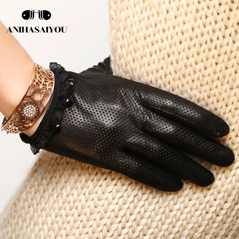 Spring fashion women leather gloves sheepskin perforated breathable leather gloves single leather touch gloves - L006N