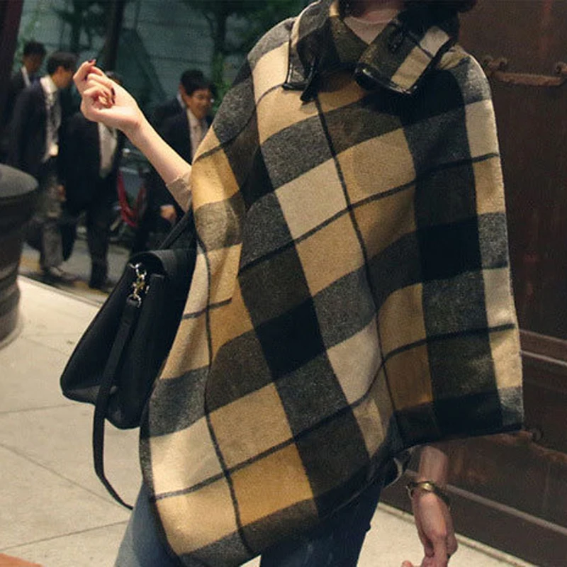 Осенний и зимний женский свитер с высоким воротом клетчатый плащ накидка