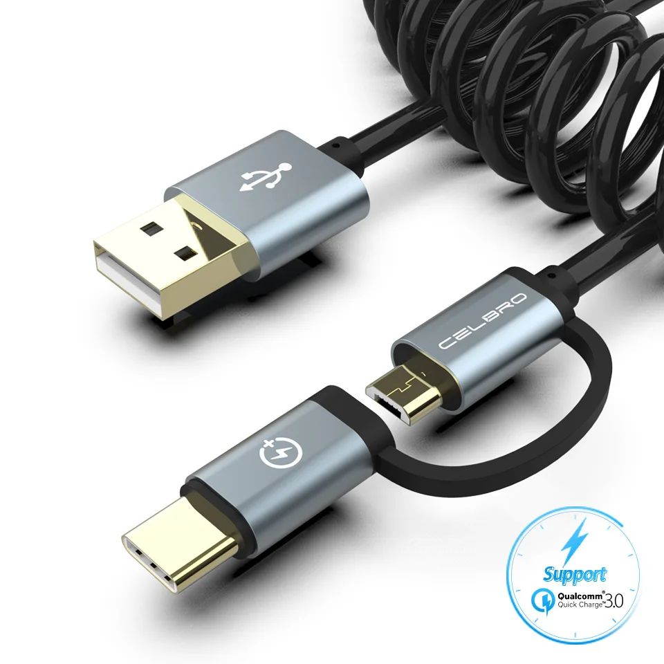 Gray Выдвижной Micro usb кабель для передачи данных Тип usb C 2in1 для спортивной камеры Xiao mi 8 SE 6X mi 6 mi A1 mi x 2 S 2 QC 3,0 быстрой зарядки Tipe C спиральный провод - Цвет: Gray