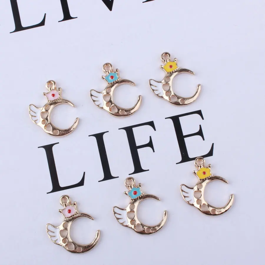 

10PCS Drop Oil Enamel Blue/Yellow/Pink Crown Wings Heart Hollow Moon Metal Charms for Jewelry Findings Accessories DIY Pendant