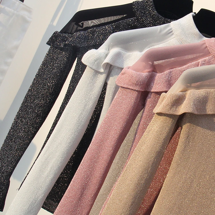 WARMSWAY Lurex трикотажный женский модный тонкий с открытыми плечами сетчатый лоскутный пуловер с расклешенными рукавами свитер шикарный Базовый Топ B-158