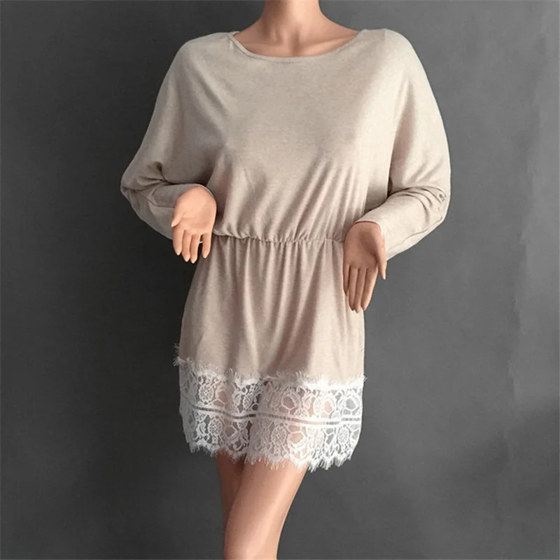 Vestido Dresses Cotton Sexy Lace Patchwork Slash Neck Loose Mini Dress Batwing Sleeve Women Lady 2017 Knitted Autumn Summer HOT | Женская