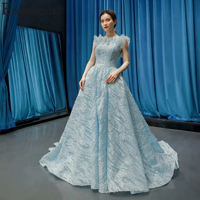 Женское длинное свадебное платье Erosebridal синее кружевное на шнуровке с цветами