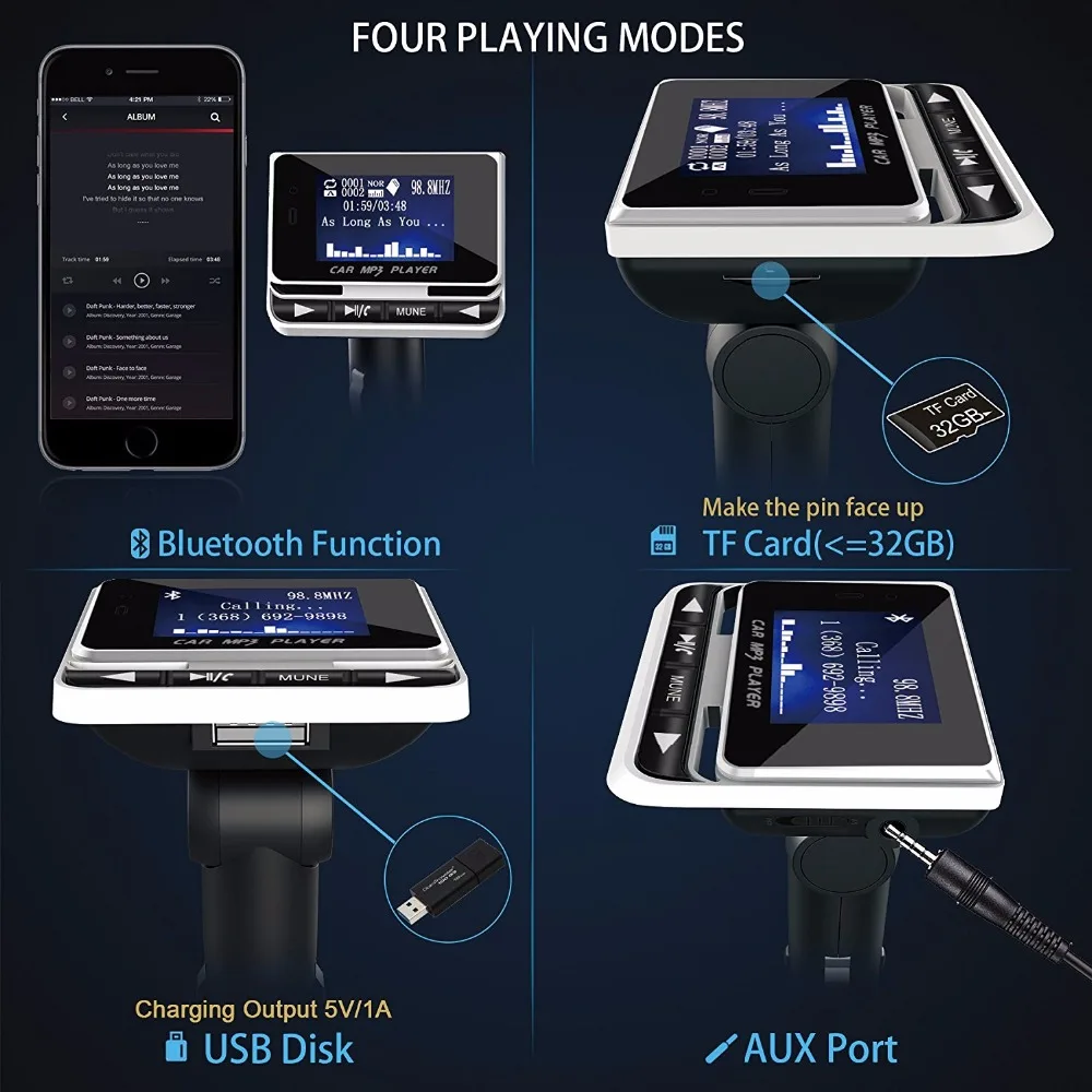 FM трансмиттер JINSERTA автомобильный беспроводной с поддержкой Bluetooth и mp3 плеером|fm
