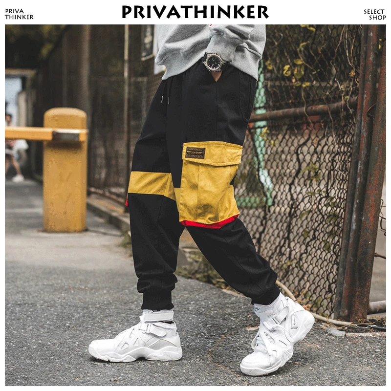 Privathinker Men Hiphop Sweat Pants 2018 Man Color Block Joggers Male Fall Streetwear Black Cargo Plus Size Trousers | Мужская одежда