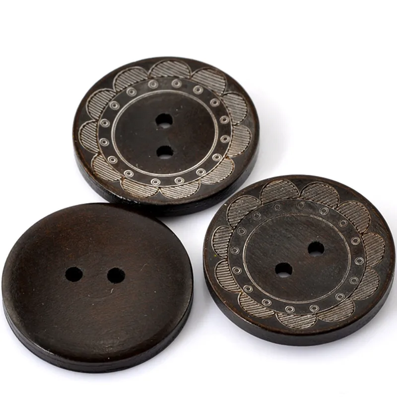 100 шт. круглые темно-кофейные деревянные пуговицы с цветочным узором 2 отверстия