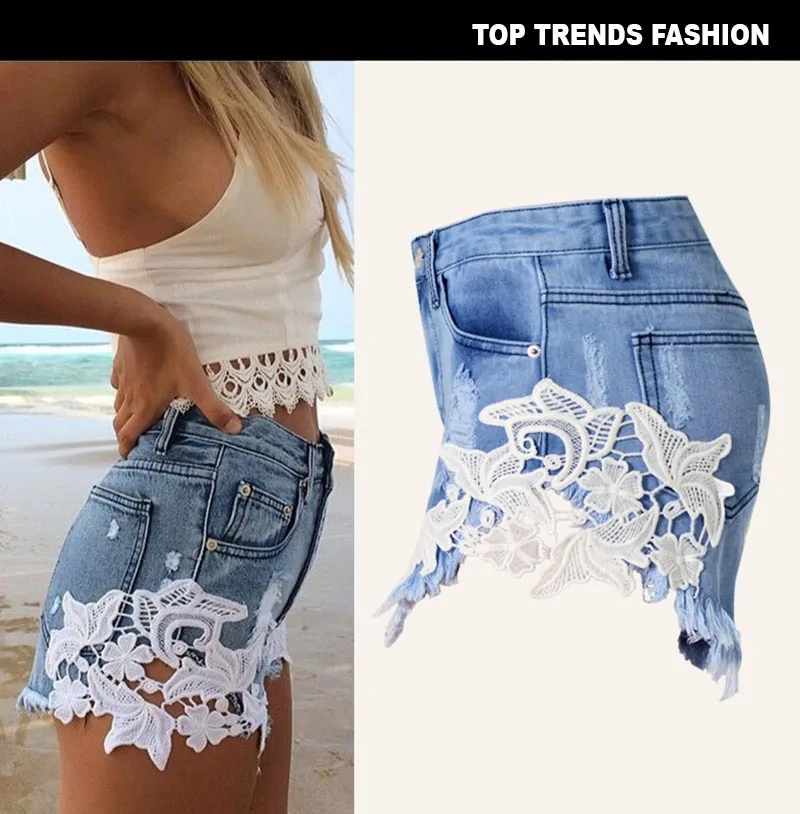 New Style Shorts Women Summer New Jeans Shorts Sexy Lace High Waist Beach Casual Ripped Tassel Hole Denim Soft Cotton Shorts