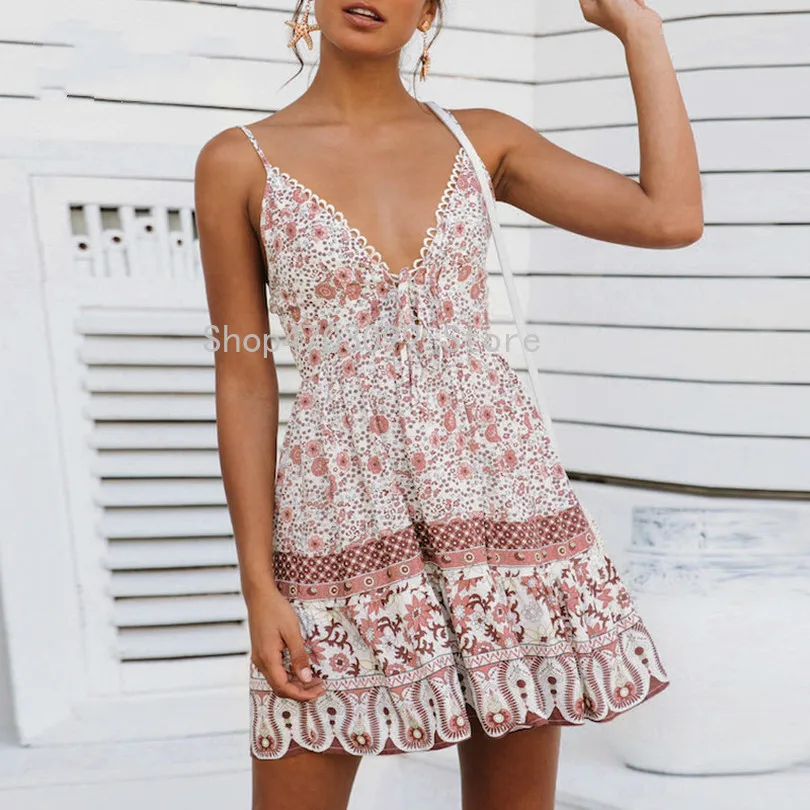 Simplee Boho v шеи печати Женщины Мини платья лето Спагетти ремень на шнуровке