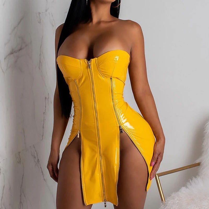 

Sexy PU Leather Dress Strapless Zipper Front Bandage Bodycon Party Dresses Side Split Banquet Clubwear Short Mini Dresses Silm
