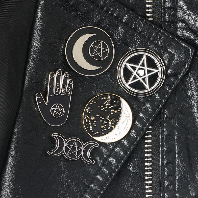 

Witch pins collection Pentagram Triple moon Constellation Wizard Brooches Witchy Goth Jewelry Lapel pin for Witches