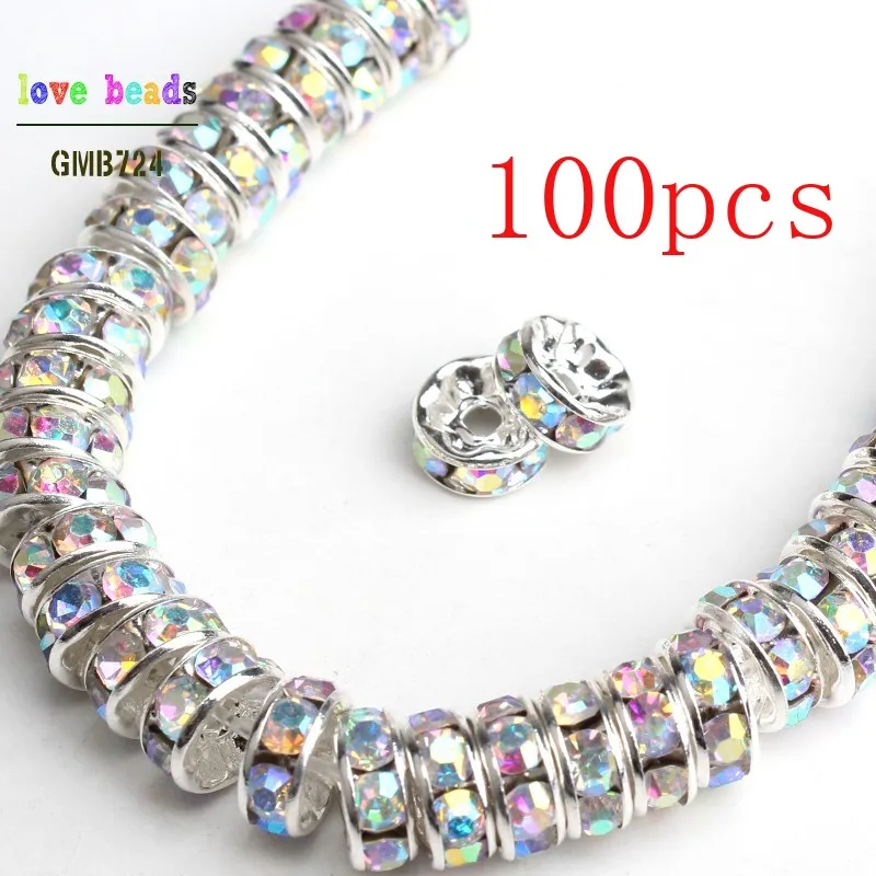 100pcs 6/8 мм Металл Серебро ab Цвет Радуга Кристалл Стразы Rondelle свободные бусины DIY аксессуары для изготовления ювелирных изделий 100/200/300 шт./лот - Цвет: 100pcs