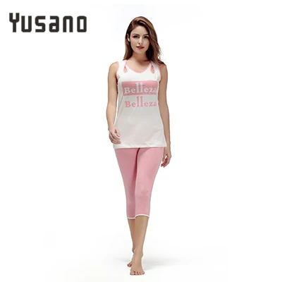 pink Yusano пижамный комплект из хлопка с круглым вырезом без рукавов Женская повседневная одежда для сна с буквенным принтом топы+ укороченные штаны домашняя одежда - Цвет: pink