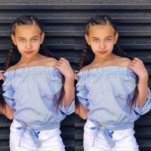2018 New Blue Stripe T-Shirt Kid Baby Girls Off-shoulder Long Sleeve T-Shirts Tops Tee Clothes Children Fashion Summer T-shirt |