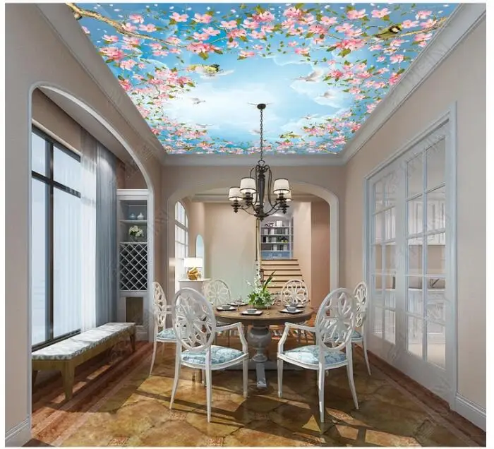 3d фотообои на заказ синее небо белые облака цветок вишневый цвет комната