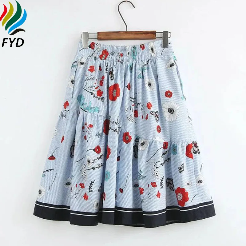 Floral Striped Pleated Midi Skirts New 2017 Summer Fashion Faldas Mujer Elastic Waist Pockets Ladies Knee-Length Skirt Z291 | Женская