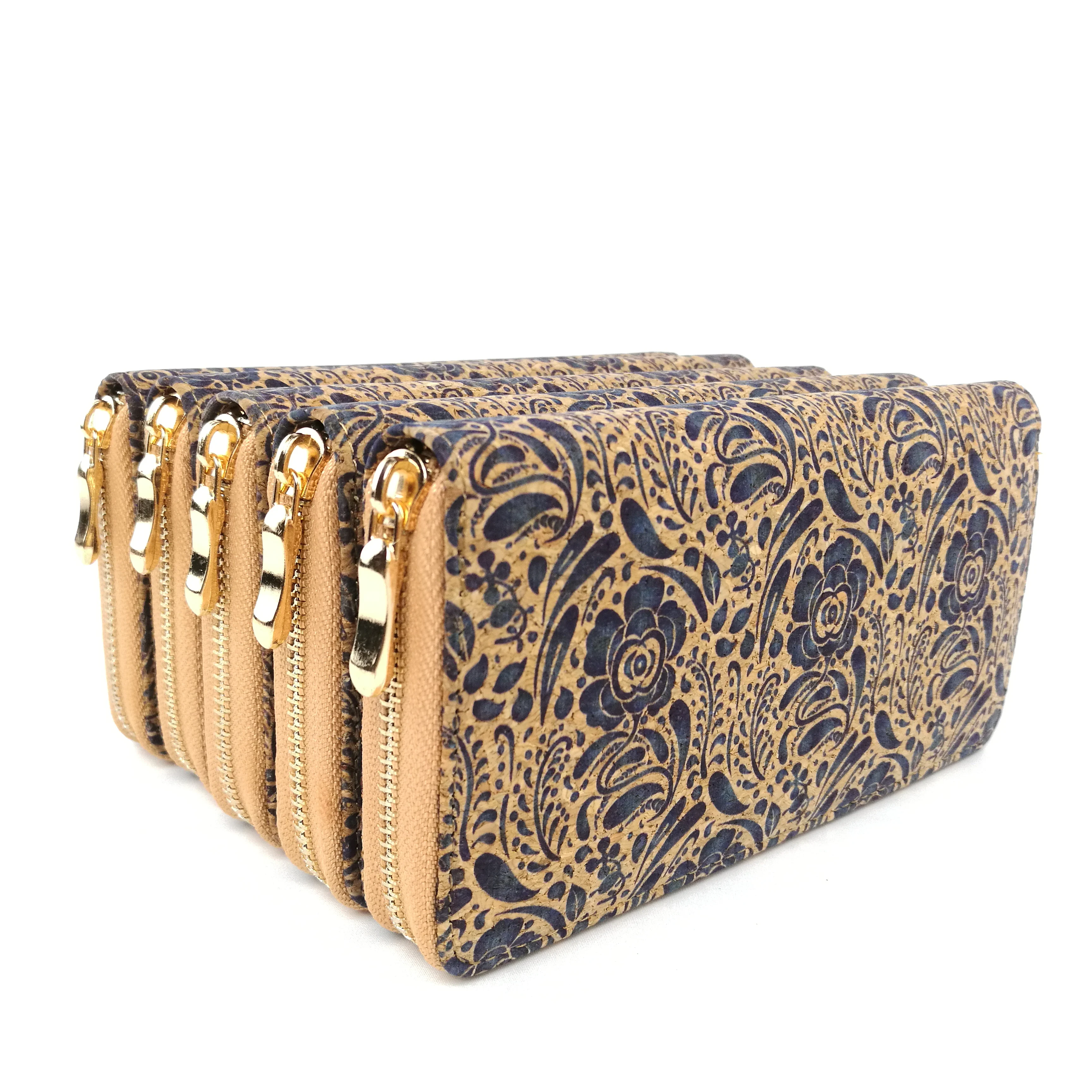 Женский кошелек из пробки с темно синим цветочным узором для веганов|Женские