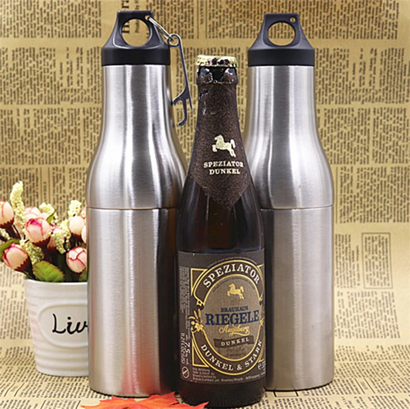 New 12oz Stainless Steel Beer Bottle Insulator Original Double Wall Vacuum Beer Cooler with Opener Beer Bottle Holder Keep Cold