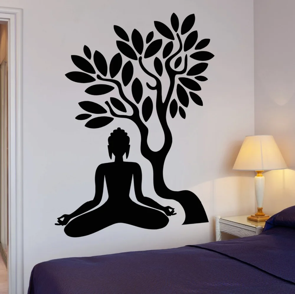 

Buddha Meditate Wall Decal Buddhism Tree Branch Leaves Yoga Studio Lotus Pose Wall Stickers Bedroom Living Room Art Mural SYY324