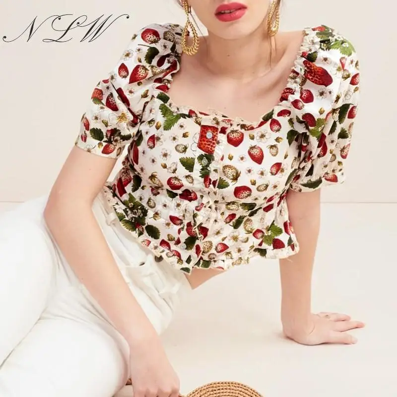 NLW Fruit Print Vintage Women Blouses Off Shoulder Button Peplum Crop Tops Chic Summer Beach white Blouse Shirts 2019 Blusa |