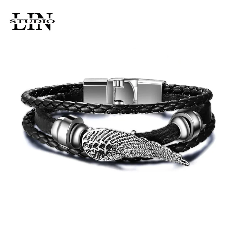 Lin Studio панк рок мужские черные натуральные кожаные браслеты с подвесками крыло
