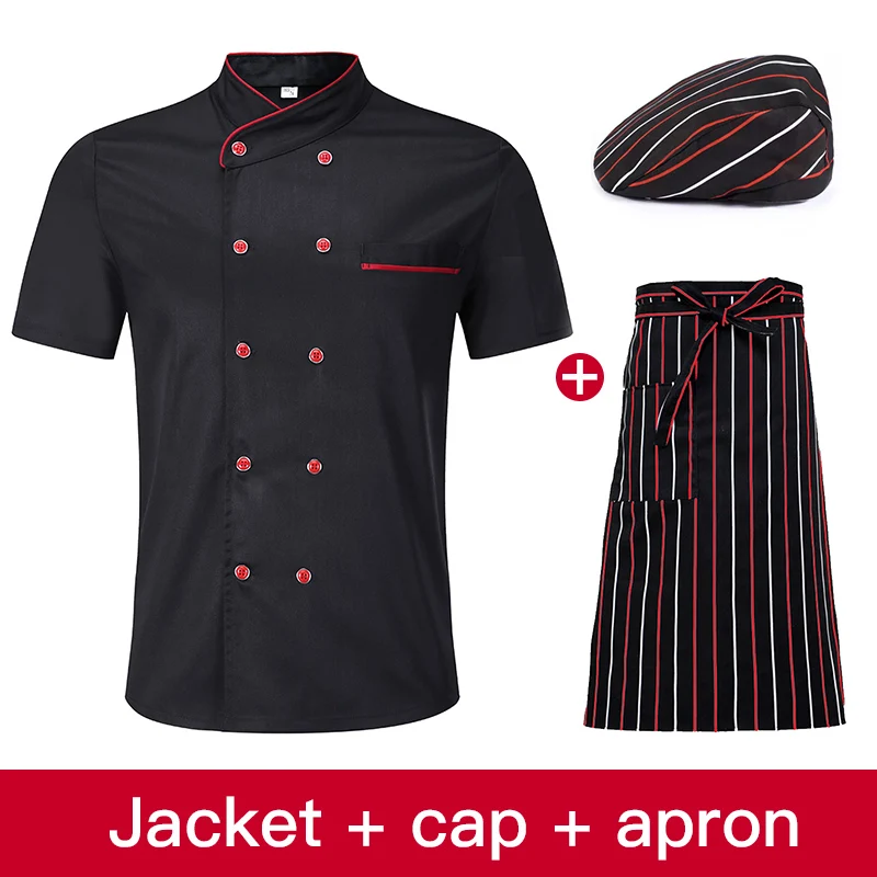 Jacket apron hat Унисекс, форма для ресторана, для хлебобулочных продуктов, с коротким рукавом, дышащая, двубортная, новая, для шеф-повара, Униформа, одежда для приготовления пищи - Цвет: Jacket apron hat