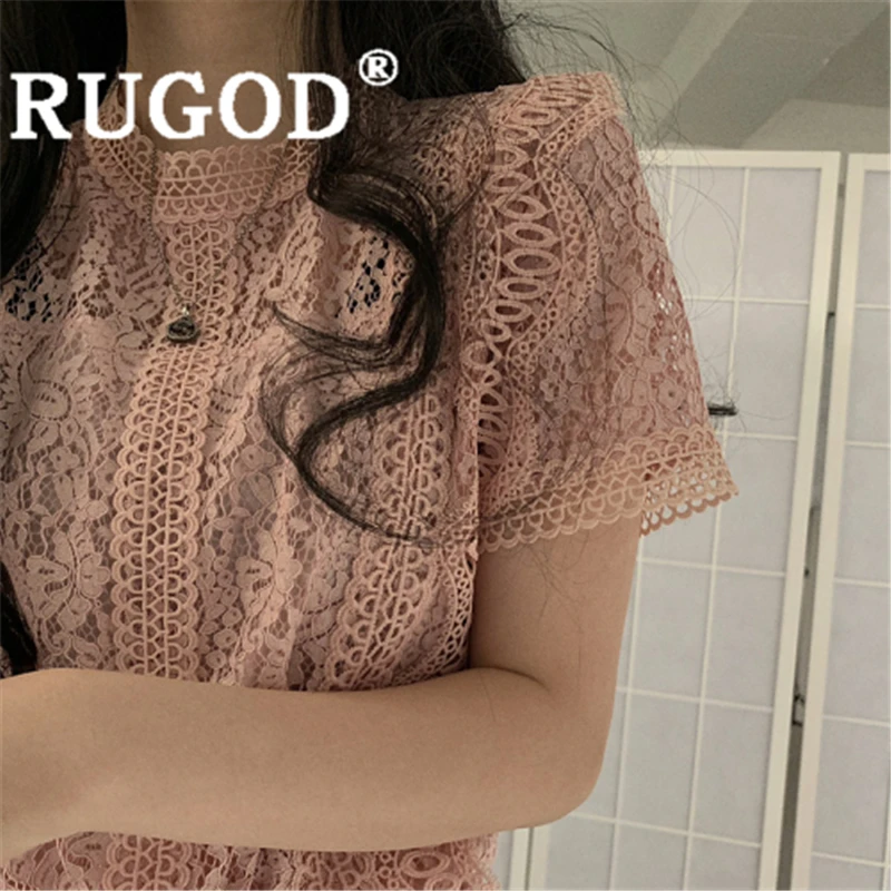RUGOD Женская однотонная винтажная блузка с круглым вырезом, кружевной вышивкой, полый тонкий, новая летняя модная женская элегантная, милая, корейский топ