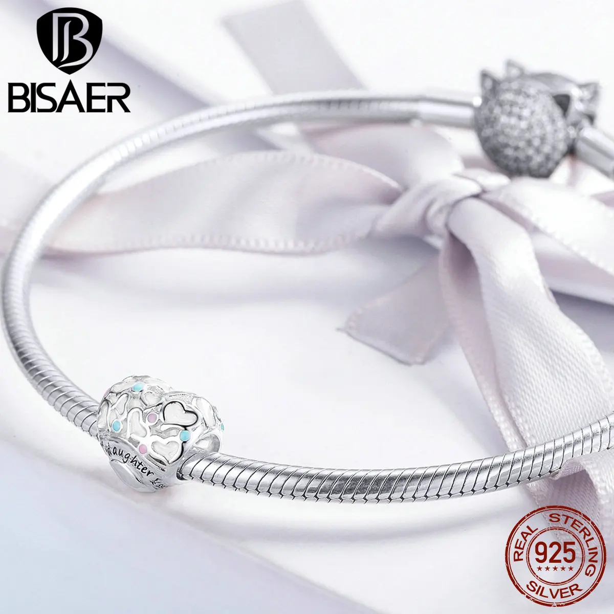BISAER, 925 пробы, Серебряный подарок дочери, амулеты, белая эмаль, сердце, бусины, подходят для дочери, браслеты, сделай сам, ювелирные изделия ECC1152
