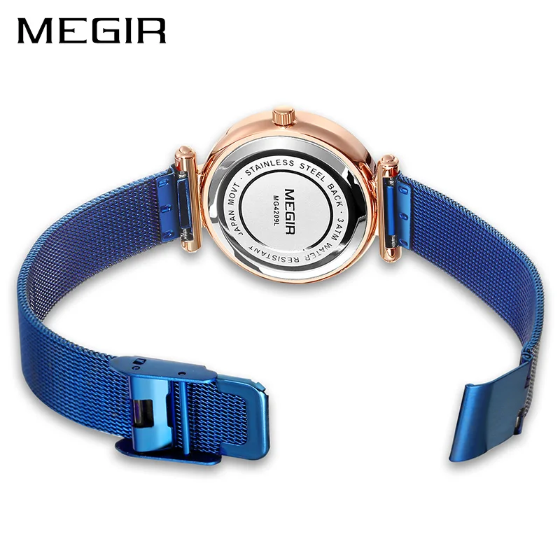 MEGIR роскошные женские часы Reloj Mujer синие сетчатые из нержавеющей стали элегантные