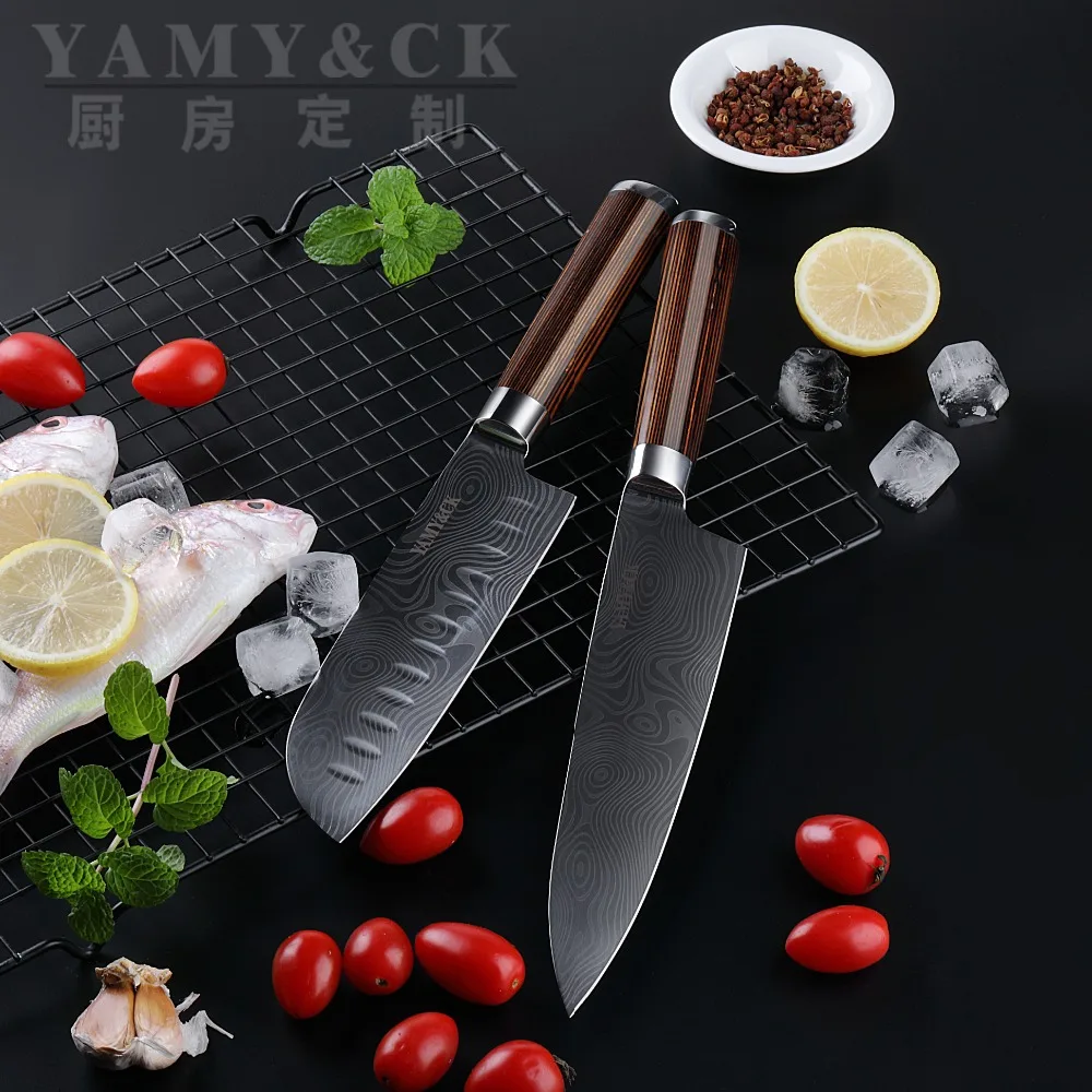 Kitchen knife Chef Knives 8 inch Japanese 7CR17 440C High Carbon Stainless Steel Sanding Laser Pattern Vegetable Santoku Knife | Дом и сад