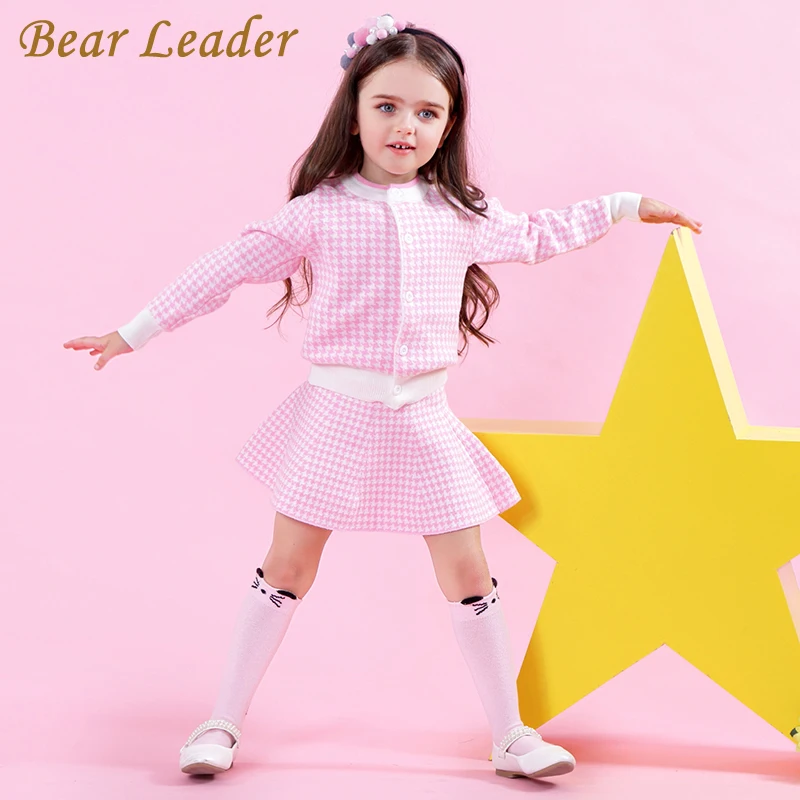 Bear leader/платье для девочек г. Зимнее платье с геометрическим узором одежда с длинными рукавами для девочек топ, пальто+ платье-пачка, свитер вязаная одежда, 2 шт