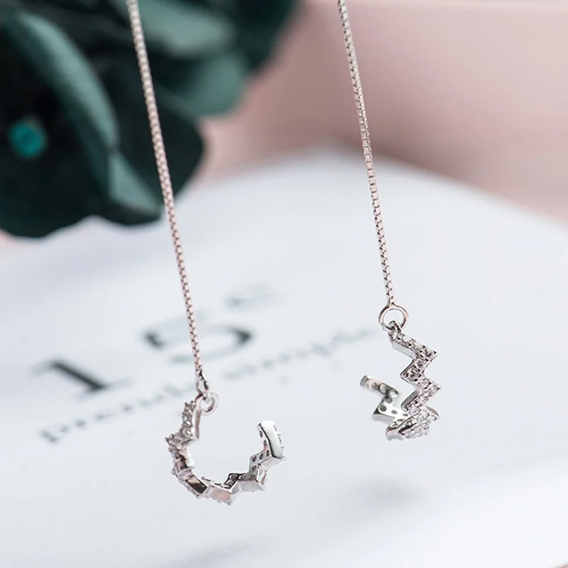 Crystal Wave Moon Bar Long Chain Threader Earrings Or Ear Wrap Climber Clip Two Wearing 925 Sterling Jewelry | Украшения и