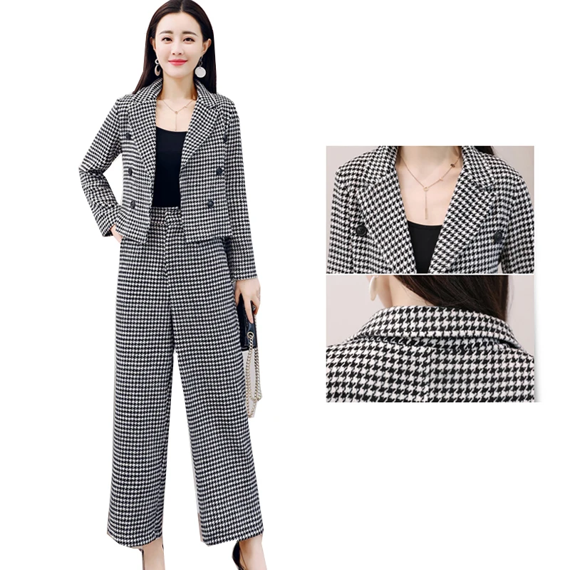 2019 NEW Work Pant Suits 2 Piece Sets Double Breasted Plaid Blazer Jacket & Zipper Pants Office Lady Suit Women Outfits Autumn