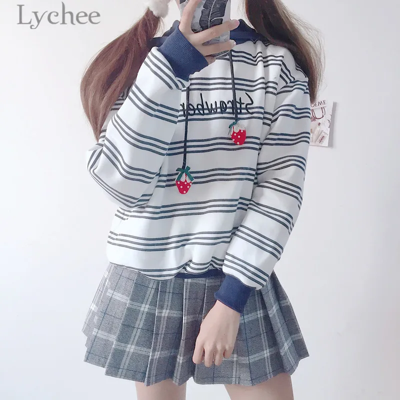 Lychee Сладкий Клубника вышивка в полоску толстовка с капюшоном осень зима флис с длинным рукавом повседневные свободные толстовки пуловеры