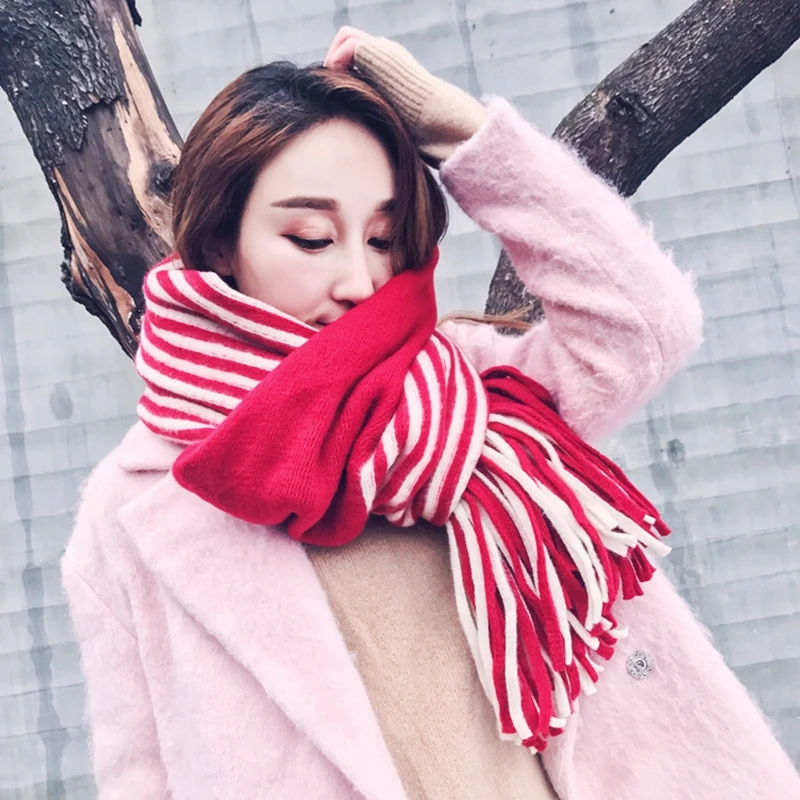 Tassels Hem Warm Winter Scarf Women Imitation Cashmere Striped Long Luxury Brand Shawls and Wraps Foulard Echarpe | Аксессуары для