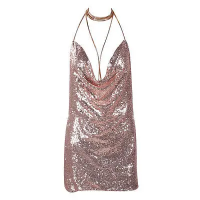 Женское блестящее сексуальное платье с глубоким V образным вырезом и открытой