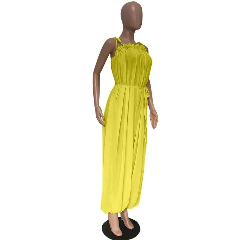 Шифоновый классический однотонный женский комбинезон на бретелях спагетти с