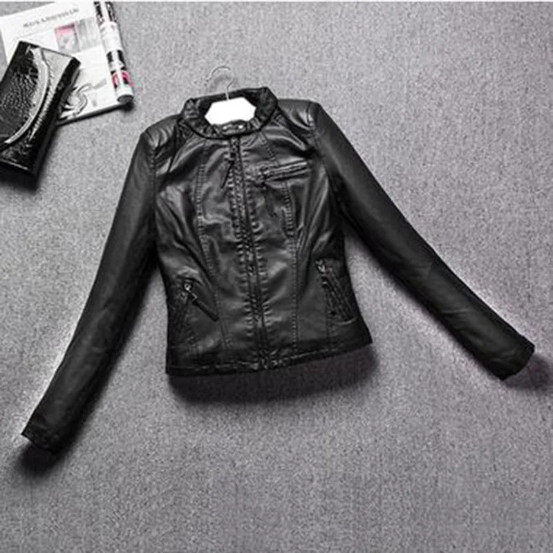 

European Style O Neck PU Leather Jacket New Fashion Motorcycle Leather Outwear Women Slim Biker Coat Basic Streetwear