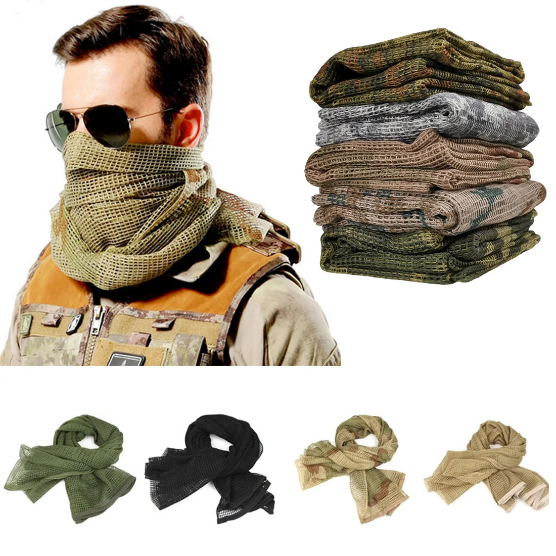 

1pc Cotton Military Camouflage Tactical Mesh Scarf Sniper Face Veil Camping Hunting Multi Purpose Hiking Scarve 190*90cm