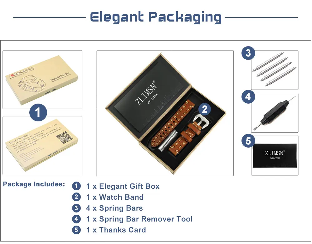 ZLIMSN High Quality Thick Genuine Leather Watchbands 20 22 24 26mm Brown Watch Strap 316L Brushed Silvery Stainless Steel Buckle